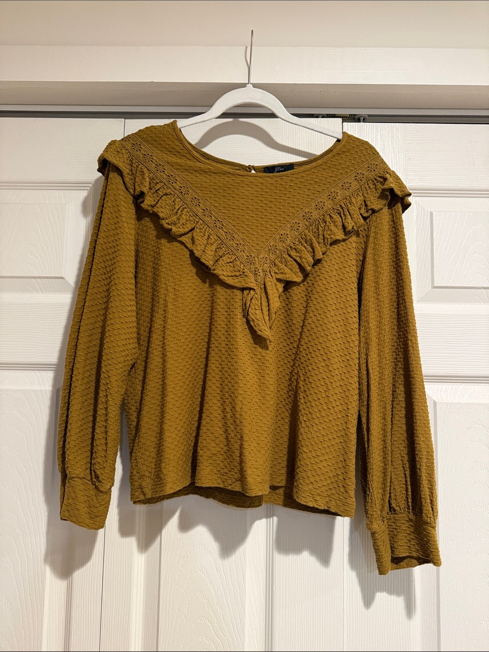 J. Crew Mustard/Green Textured Ruffle-Yoke Long Sleeve Top - Size Medium